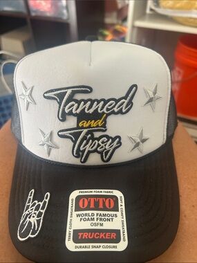 OTTO Black & White 'Tanned and Tipsy' Trucker Hat with Yellow Accent